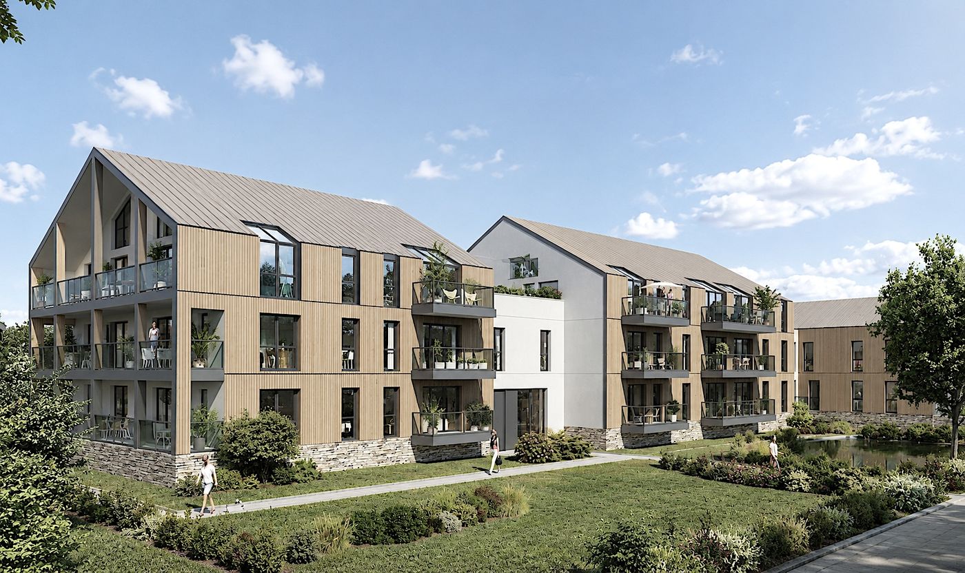 Faubourg - bâtiment neuf à pignons bois et bassin
