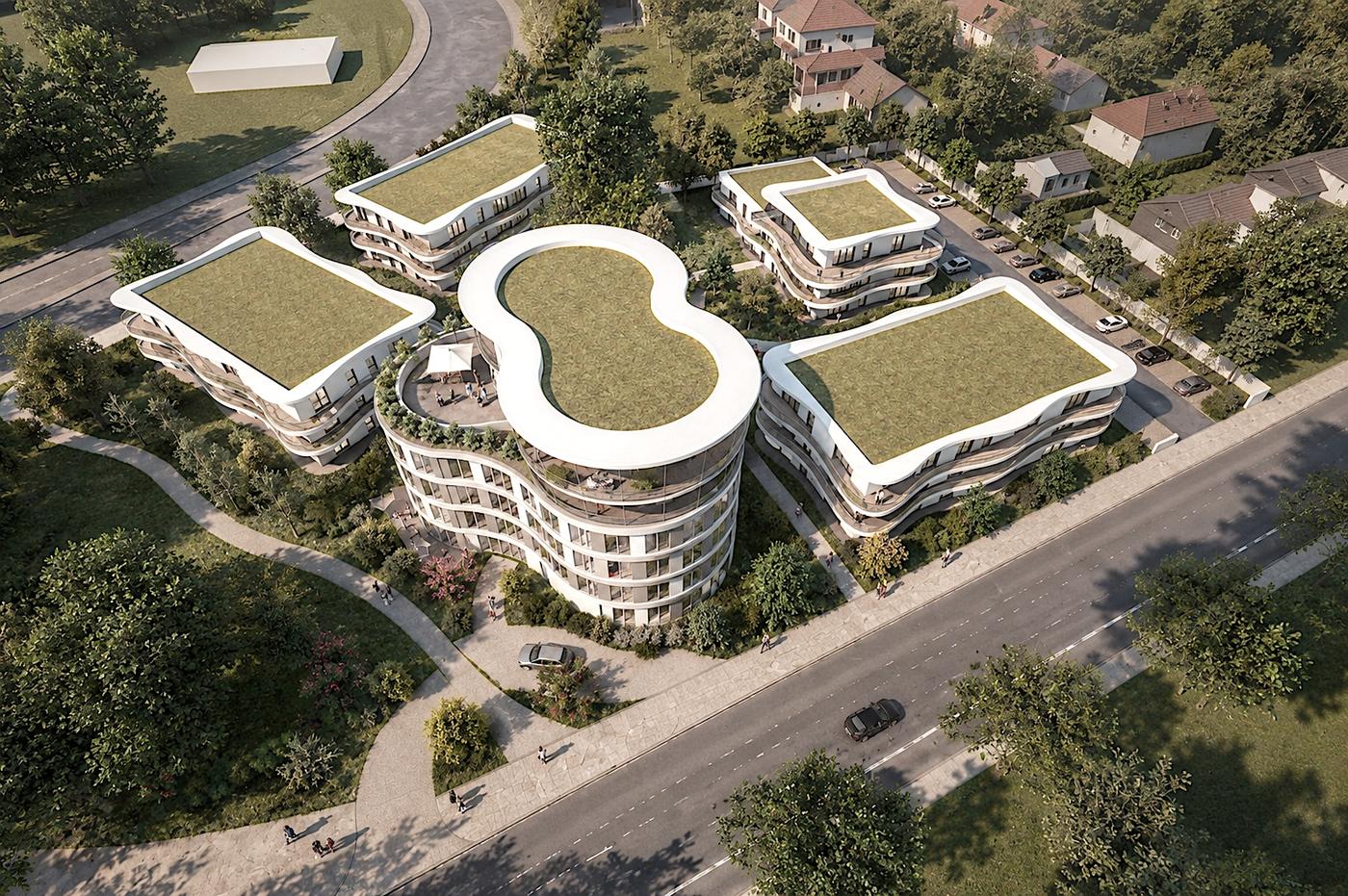 Vannerie Bureaux - vue aérienne de l'îlot et toiture végétalisée