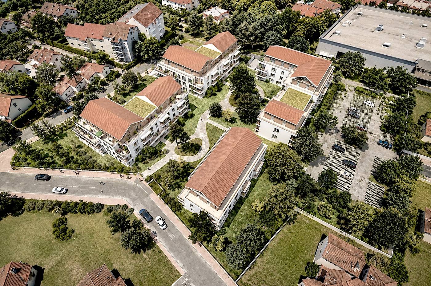 Vert Azur - détail volets vert céladon et grange contemporaine